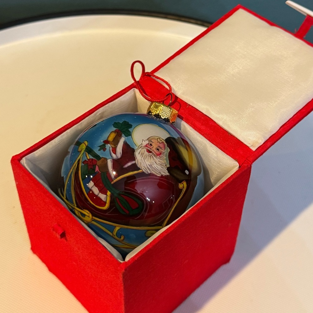 Vintage Li Bien Santa Claus and Reindeer Holiday Ornament - Red and Blue